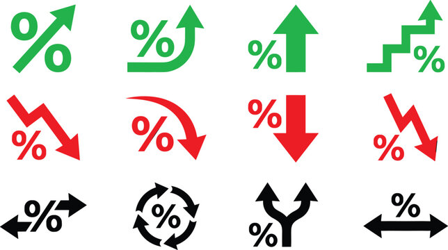 Financial Percentage Arrow Icon Set with Green Increase Red Decrease and Black Market Trend Growth Symbols for Business Data Analysis and Stock Graph Infographics