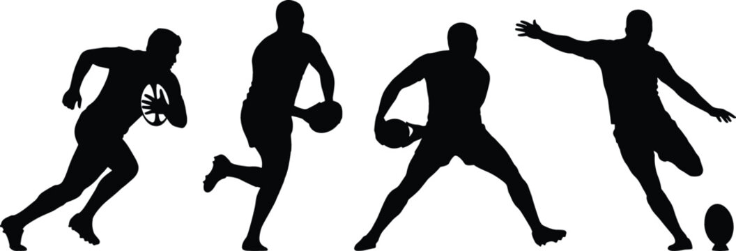 Rugby Player Silhouette Set Vector Graphic Featuring Athletes Running Passing Kicking and Tackling for Rugby Union League Championships and Sports Training Designs