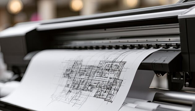 Large format printer outputs a detailed blueprint, showing a floor plan
