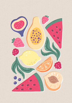 Abstract fruit poster. Contemporary art print with hand drawn watermelon, strawberry, lemon and peach. Vector illustration