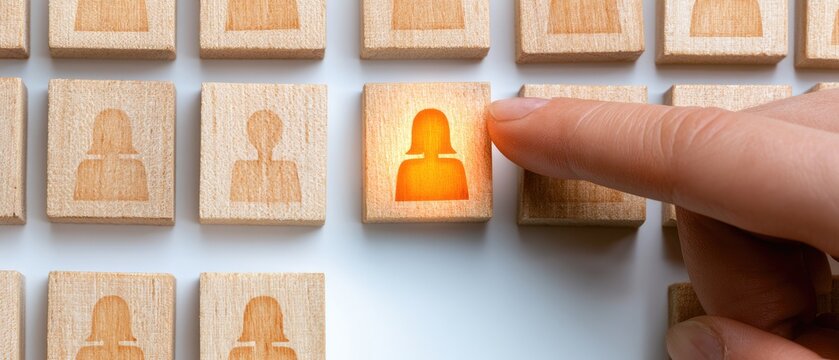 Hand selects glowing person icon from grid of wooden blocks