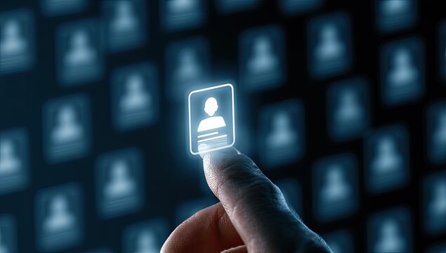 Finger selects a digital profile icon from a grid of glowing user icons