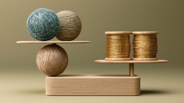 Conceptual balance scale made of wood and yarn, with spools of income gold thread vs balls of expense yarn, year end financials.