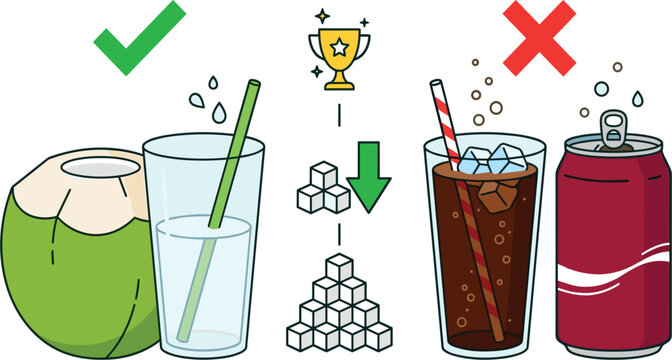 Healthy Versus Unhealthy Drinks Comparison Graphic with Natural Coconut Water and Sugary Soda Icons for Diet, Nutrition, and Diabetes Awareness Infographics