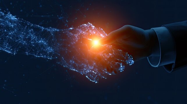 Digital handshake merging with human hand, symbolizing technology and connection
