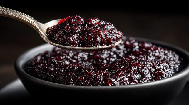 Dark Berry Jam in Spoon: A close-up shot reveals a spoonful of rich, dark berry jam scooped from a rustic bowl, showcasing its textured goodness and deep color against a dark, moody background.