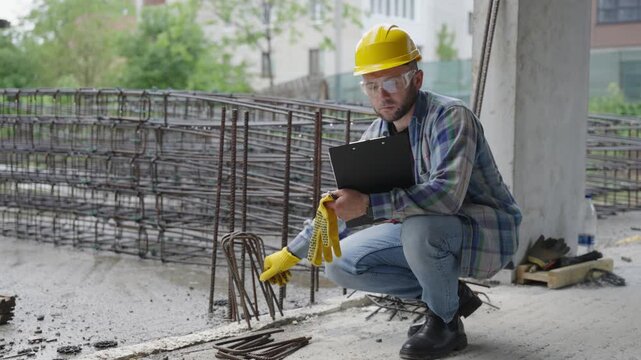 Civil engineer inspecting rebar at a construction site