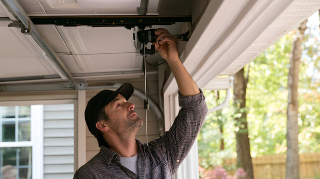 Technician is inspecting and repairing the garage door mechanism, offering professional home service and maintenance outdoors