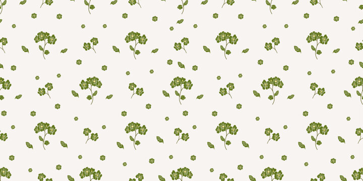 Seamless Minimal Green Ditsy Floral Pattern with Small Botanical Flowers on Neutral Background