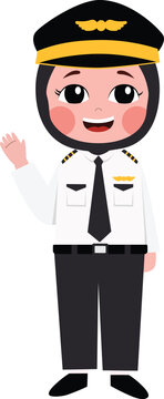 Cartoon pilot waves cheerfully in uniform. Bright, friendly face shows enthusiasm. Perfect for travel, aviation, or educational themes. Suitable for websites, apps, or children's content