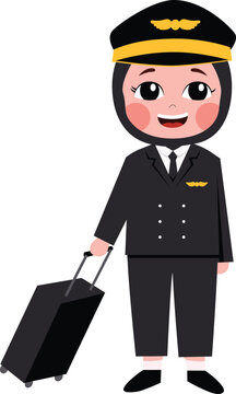 Cheerful cartoon flight attendant smiles while pulling a rolling suitcase. She wears a dark uniform with a cap and badge. Her expression shows friendly service and travel readiness