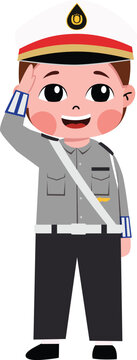 Cartoon child police officer salutes cheerfully. Bright smile shows friendly, positive attitude. Uniform includes cap, shirt, sash, and pants. Suitable for educational, safety
