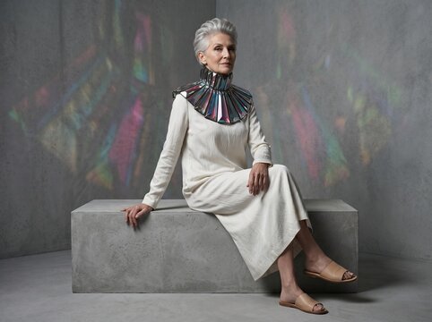 Mature Woman in White Dress Sitting Contemplatively
