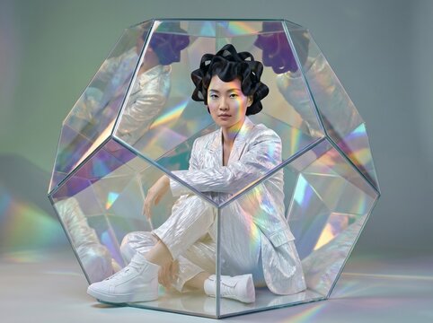 Woman in Iridescent Geometric Bubble Portrait