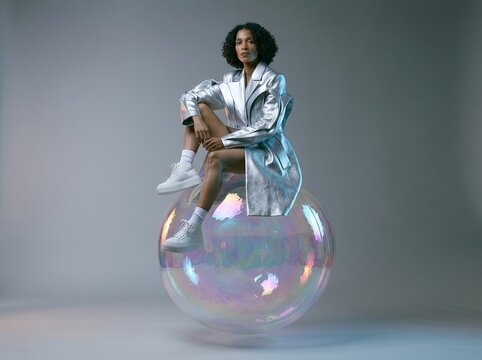 Woman Sitting on Iridescent Bubble Modern Portrait