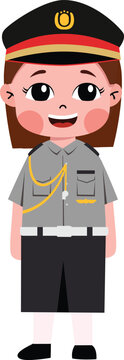 Young girl in cartoon police uniform, smiling. Uniform has cap, gray shirt, dark shorts, and belt. Ideal for educational, children's, or public safety themes. Friendly and cheerful vibe