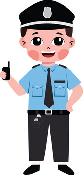Cute cartoon police officer smiles while holding walkie-talkie. He wears blue uniform and black hat. Perfect for safety, community, or law enforcement themes. Ideal for websites, apps
