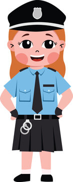 Cartoon girl in police uniform, smiling confidently. She wears cap, shirt, skirt, and belt with badge. Image perfect for educational materials or children's content. Ideal for websites, apps