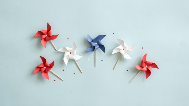 Asymmetric cluster of festive paper pinwheels &ndash; Suitable for childhood summer activities, lighthearted holiday imagery, or playful graphic layouts.