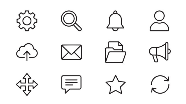 Web, interface, and communication icons, set of 12 line style symbols, black and white