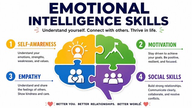 Emotional Intelligence Skills Infographic with Puzzle Brain Illustration