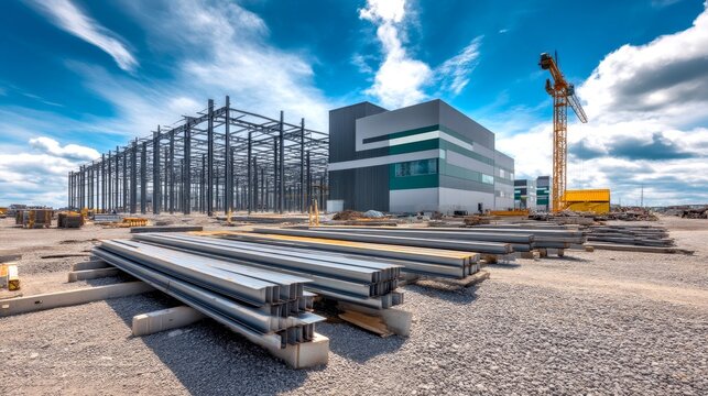 A construction site showcases modern building techniques. Steel beams lay ready for assembly. Clouds float above a developing structure. This image captures industrial growth and progress. AI