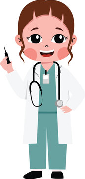 Young female doctor smiles while holding syringe. She wears white coat and stethoscope. Illustration for medical, healthcare, or vaccination campaigns