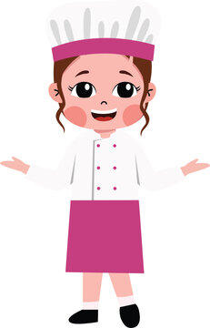 Young girl chef wears white hat and pink apron. She smiles warmly with arms open wide. Perfect for cooking, children's recipe, or food education themes. Ideal for websites, apps