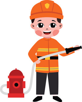 Cute cartoon firefighter boy smiles while holding hose. Red fire hydrant stands beside him. Scene ideal for safety, child education, or emergency services themes