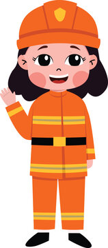 Cheerful young girl firefighter waves warmly. She wears bright orange uniform with yellow stripes. Her helmet has a yellow shield emblem. This image works well for safety campaigns, children's books