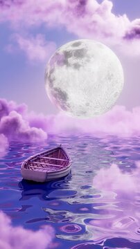 Floating Boat Under Giant Moon Seamless Loop