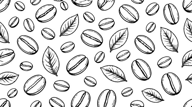 Detailed black and white coffee beans and leaves pattern.