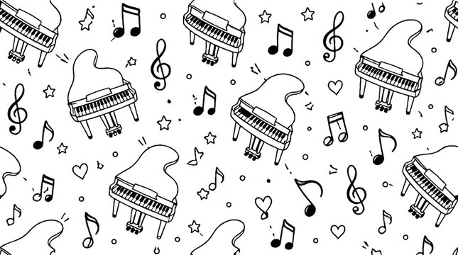 Black and white piano and music notes pattern design.