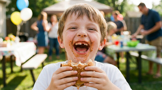 Summer backyard party child eating burger with big laugh for outdoor celebration family lifestyle website promotion advertising design