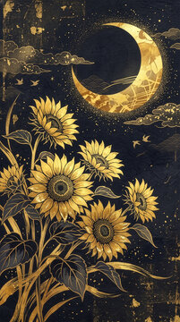 Sunflower ひまわり 361 Golden Sunflowers and Large Crescent Moon with Birds on Black Washi Paper Background（黒和紙背景に描かれた金色のひまわりと鳥の群れ、大きな三日月