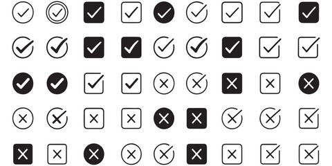Check mark icon button set. Check box icon with right and wrong buttons and yes or no checkmark icons in green tick box and red cross. Isolated checkmark symbol, right and wrong sign concept. Icon. © Hikestudio3