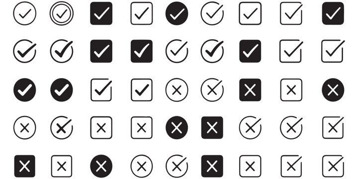 Check mark icon button set. Check box icon with right and wrong buttons and yes or no checkmark icons in green tick box and red cross. Isolated checkmark symbol, right and wrong sign concept. Icon.