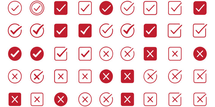 Check mark icon button set. Check box icon with right and wrong buttons and yes or no checkmark icons in green tick box and red cross. Isolated checkmark symbol, right and wrong sign concept. Icon.