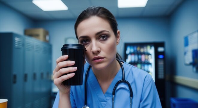 Close-up of a female healthcare professional holding a coffee cup in a hospital corridor with lockers and medical equipment