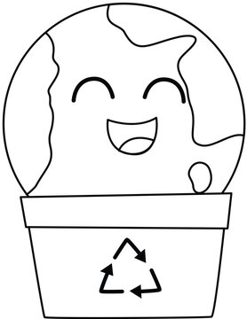 Happy Earth planet smiles from a recycling bin. Earth's joyful face shows eco-friendliness. Great for environmental campaigns or sustainability themes. Simple line art ideal for print or web use