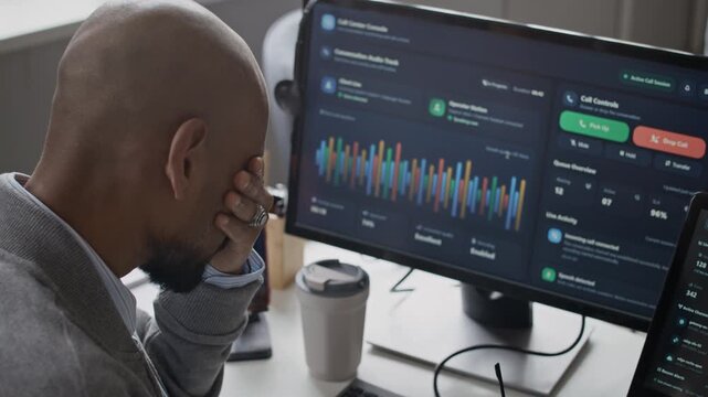 Handheld shot of young Indian male programmer working at computer desk, taking off glasses to rub tired eyes from screen fatigue, and resuming typing. For corporate wellness or IT burnout themes