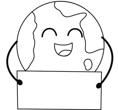 Cartoon Earth with happy face holds blank sign. Smiling globe symbolizes global unity and environmental awareness. Perfect for eco-friendly, educational, or international campaigns