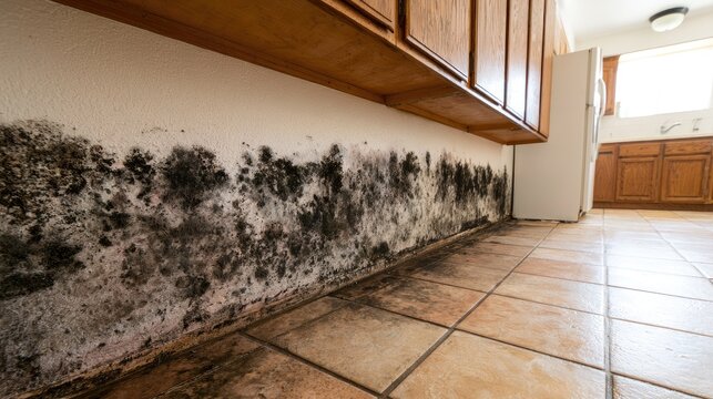 Black mold spreads across a white wall above tiled flooring in a kitchen