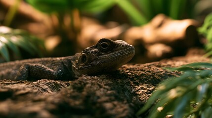Fototapeta premium A lazy lizard rests peacefully on a log within a cozy naturally lit home environment