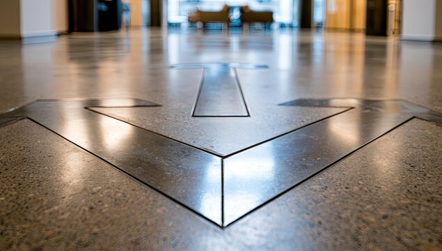 Sleek metallic inlay on a polished concrete floor, guiding the eye forward