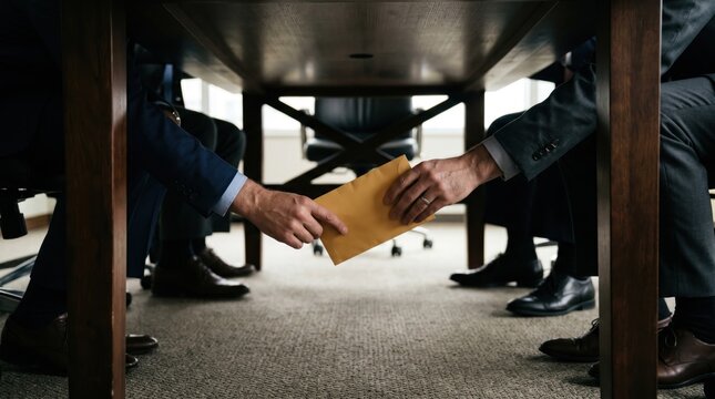 The Under-the-Table Deal: Two hands exchange a manila envelope discreetly beneath a boardroom table, suggesting a clandestine transaction or secret agreement amidst a gathering of suited individuals.
