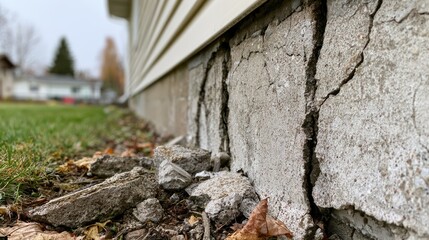 Fototapeta premium Damaged concrete foundation with large cracks and debris, against siding