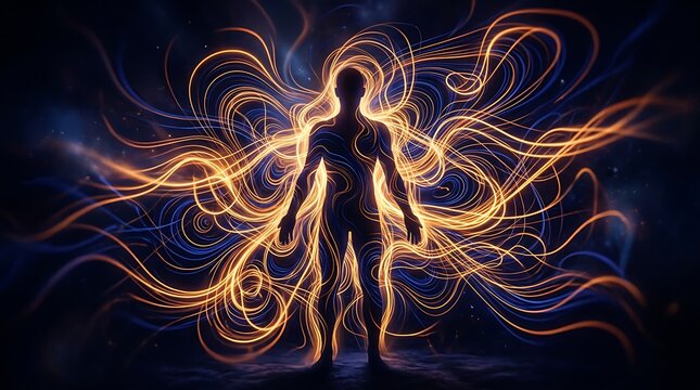 Silhouette of a human figure surrounded by glowing golden energy lines