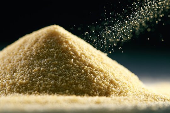 Close-up macro of fine yellow powder being poured onto a mound, creating a dust cloud