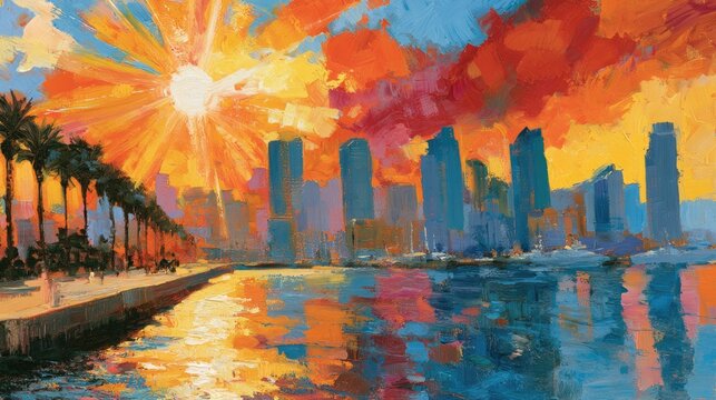 Vibrant city skyline at sunset with fiery clouds reflecting on the water